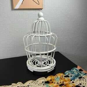 Vintage Bamboo- Wooden- White Birdcage- Decorative- bottom opens- some wear